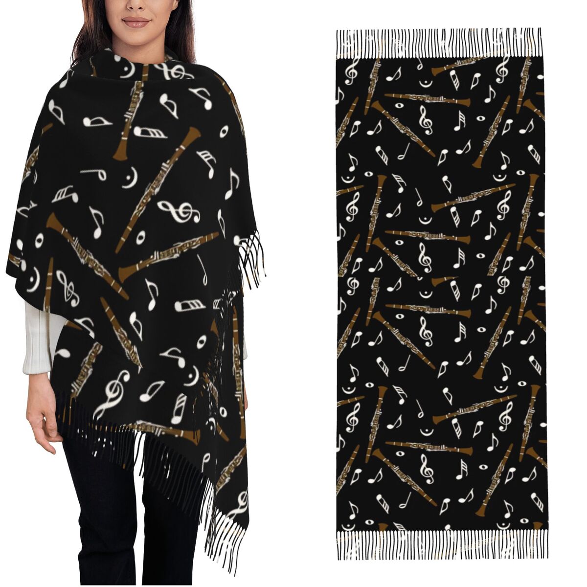Pashmina Wrap Large - Женский шарф с кисточкой, кларнет, музыкальные